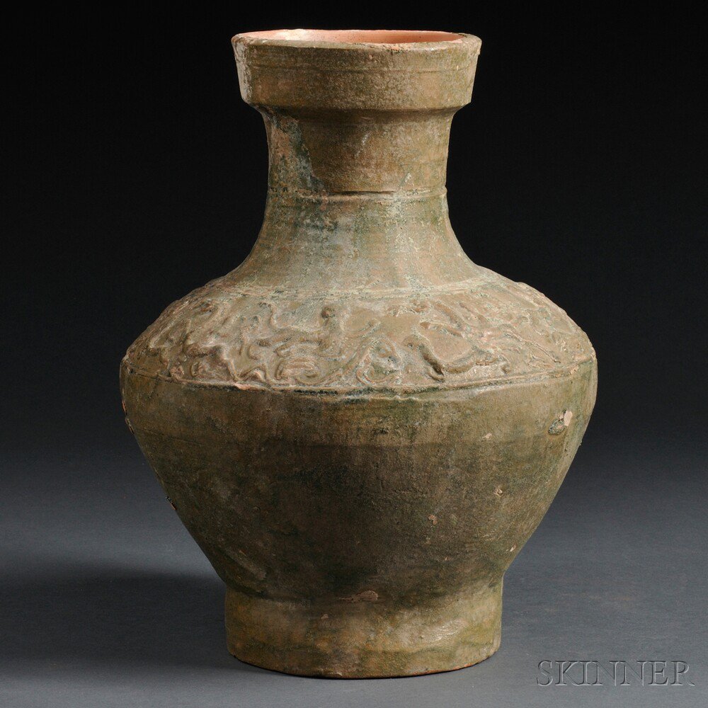 Appraisal: Green-glazed Funerary Pottery Vessel China Han Dynasty or later hu