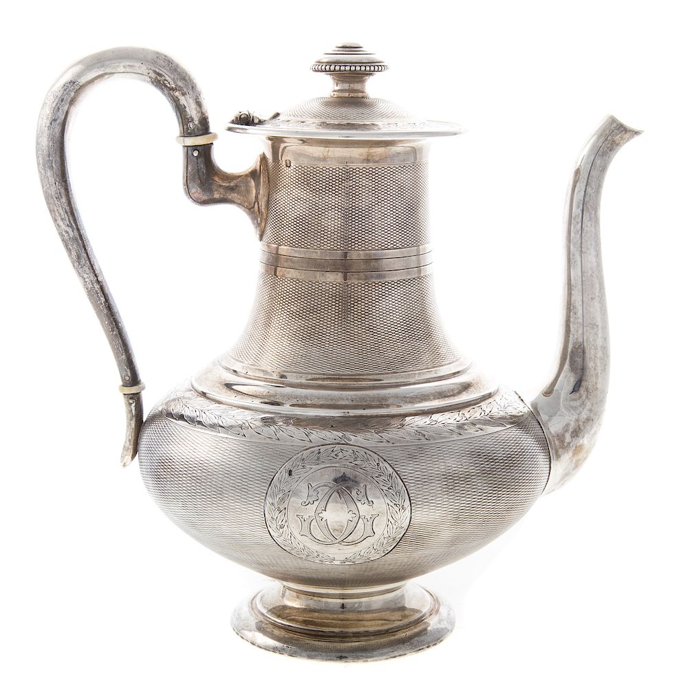 Appraisal: French Engine Turned Silver Coffee Pot Maison Odiot Paris c