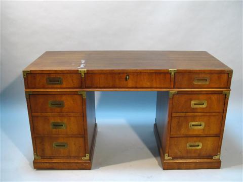 Appraisal: HENREDON CAMPAIGN STYLE WALNUT DESK The rectangular top with three