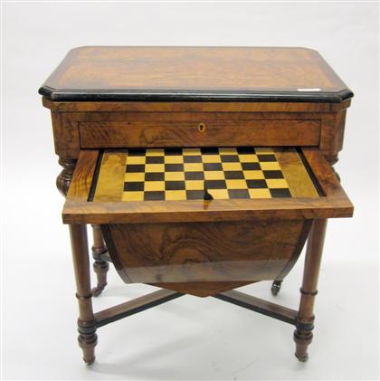 Appraisal: Victorian walnut burlwood banded work tablelate th century