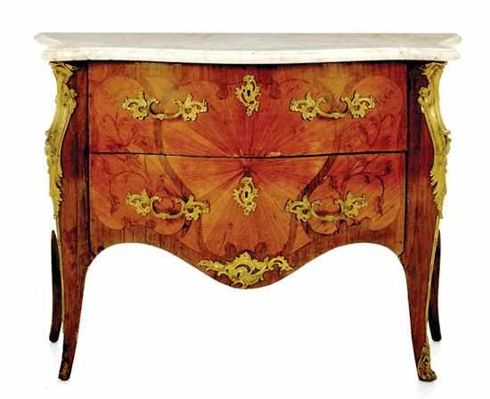 Appraisal: Louis XV bronze-mounted mahogany and rosewood marbletop commode late th