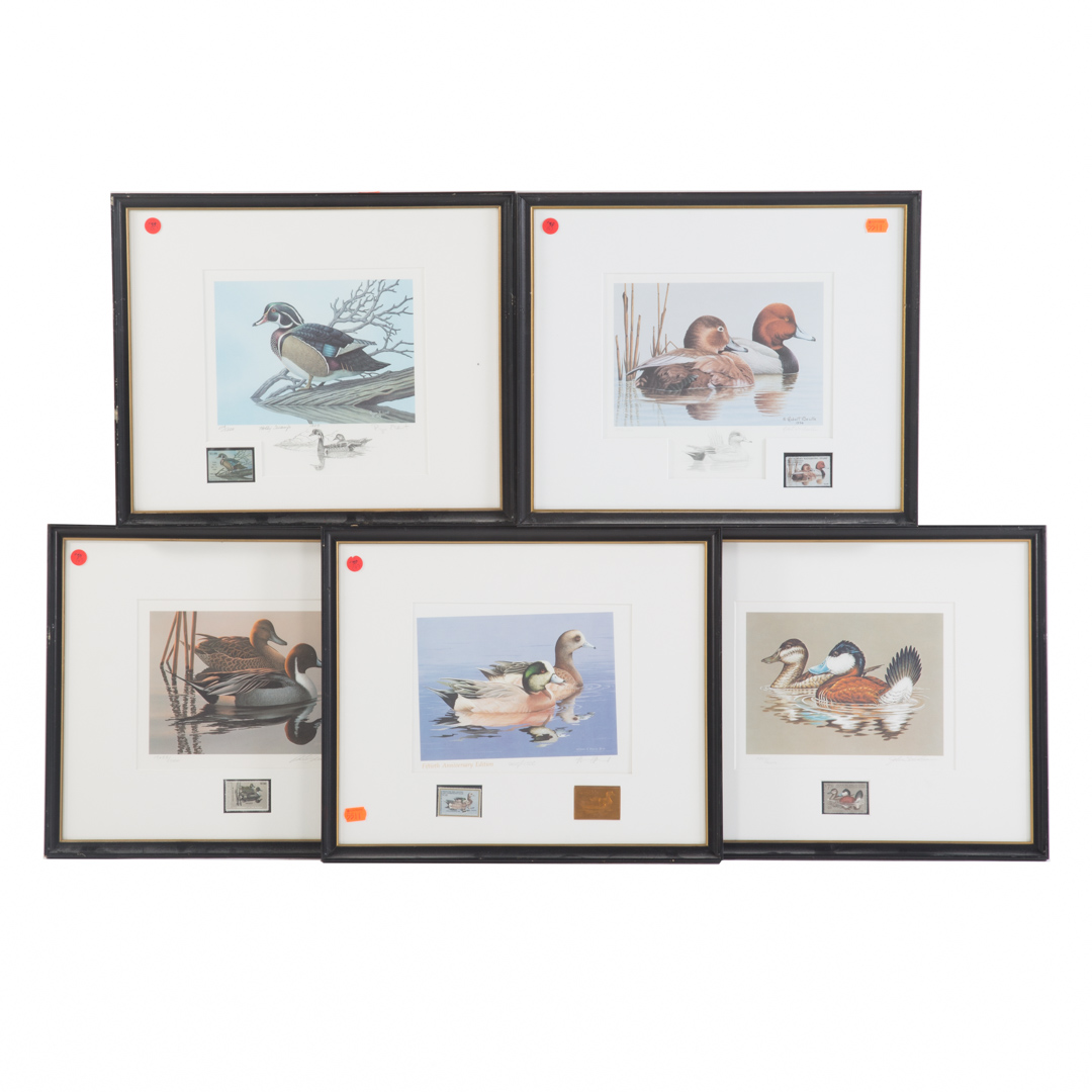 Appraisal: Group of five framed duck prints with stamps artists include