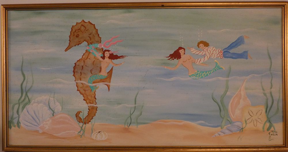 Appraisal: MARGIE COLLIS MERMAID PAINTING Vintage folk art oil painting after