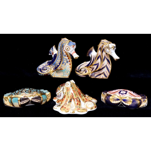 Appraisal: Five Royal Crown Derby paperweights Octopus certificate Coral Seahorse certificate