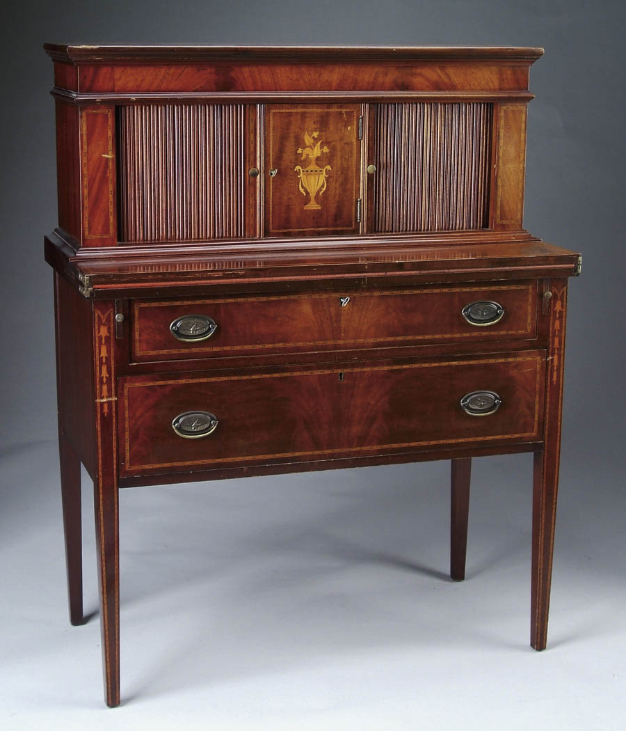 Appraisal: INLAID MAHOGANY REPRODUCTION TAMBOUR DESK Fine copy in two sections