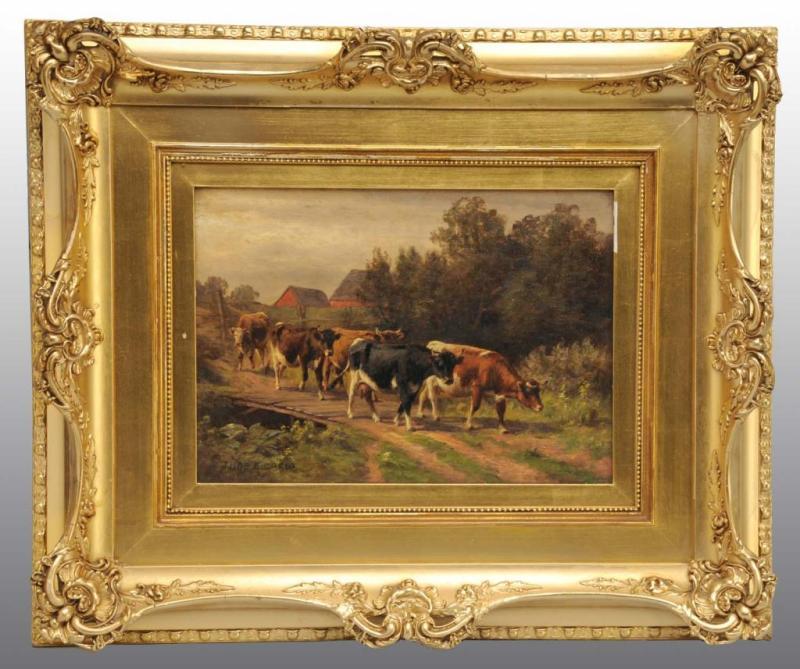 Appraisal: Oil on Canvas with Cows Farm Scene Description Dated verso