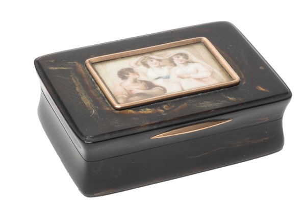 Appraisal: A rectangular tortoiseshell hinge lidded snuff box the cover glazed