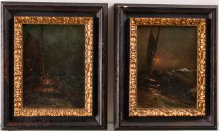 Appraisal: Nautical Night Scene Oil on Canvas Pair Open face framed