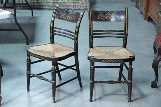 Appraisal: PAIR OF SIDECHAIRS Black and grain painted chairs with gold