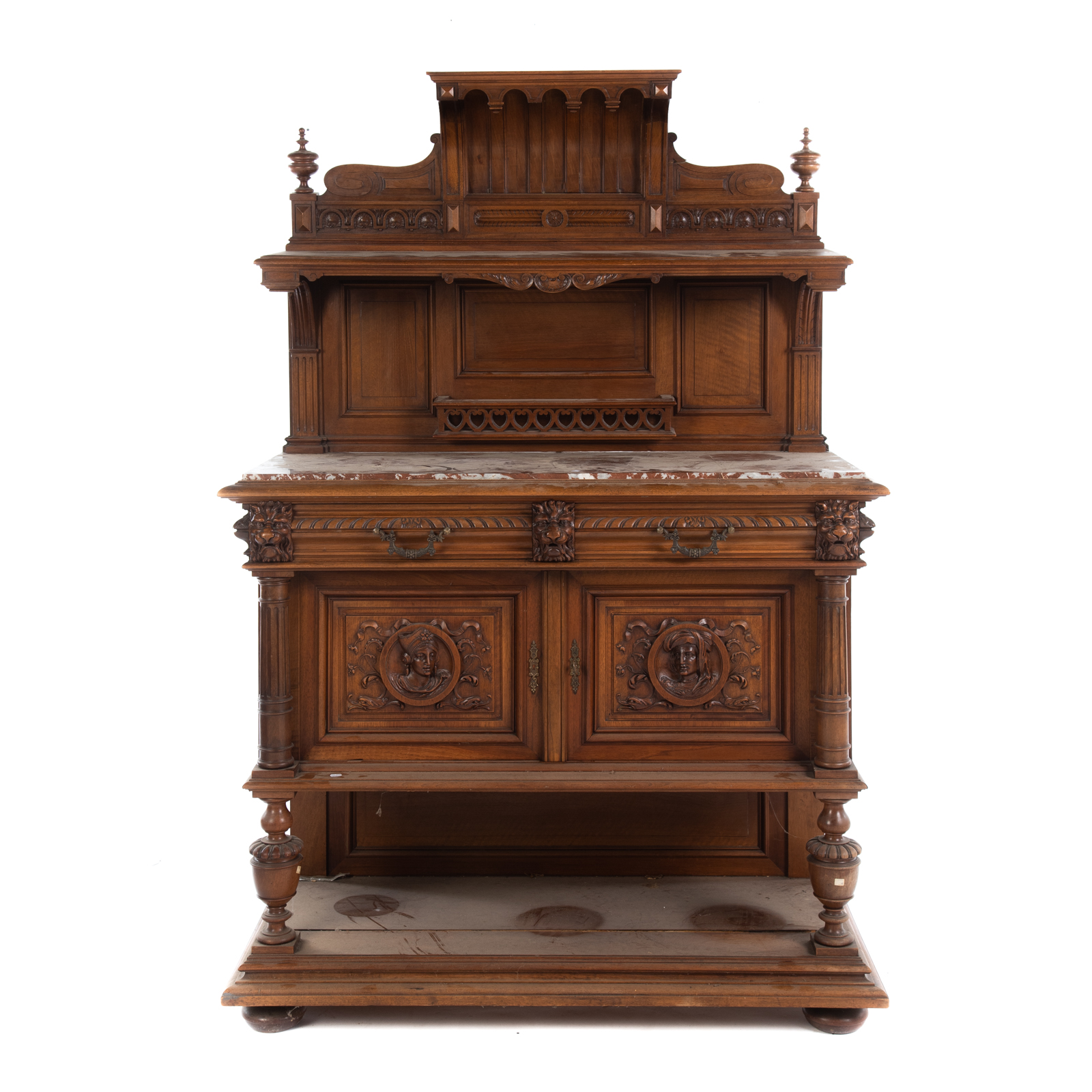 Appraisal: RENAISSANCE REVIVAL MARBLE TOP COURT CUPBOARD Elaborately carved upper and