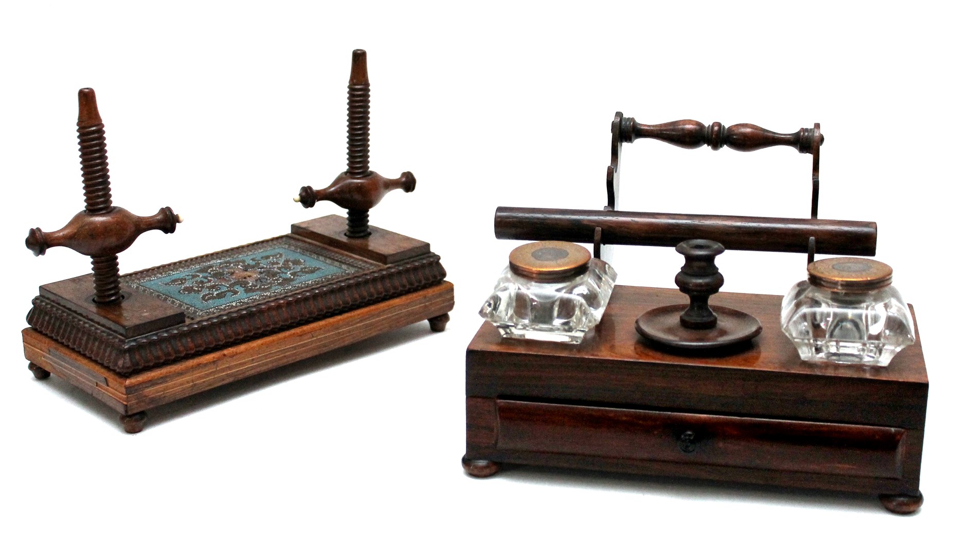 Appraisal: A th century rosewood desk stand with pen stand and