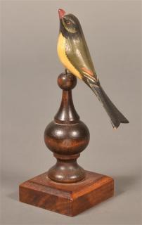 Appraisal: Painted Wood Song Bird Perched on a Finial Antique Carved