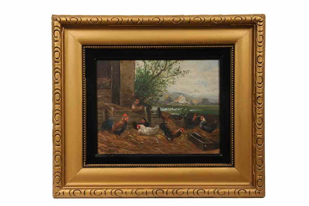 Appraisal: OOB - Farmyard Scene with Chickens illegibly signed lower left