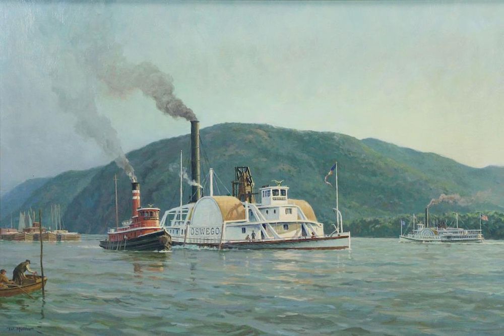 Appraisal: MULLER William Oil on Board Towing on the Hudson Signed