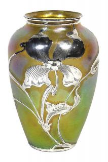 Appraisal: Loetz silver overlay vase Loetz silver overlay vase executed in