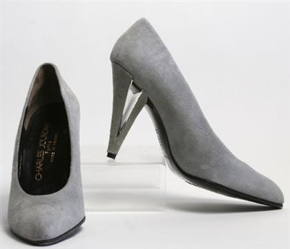 Appraisal: Charles Jourdan dove gray high heel shoes s With sculptural