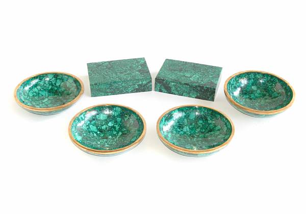 Appraisal: A group of four malachite bowls with two boxes bowls