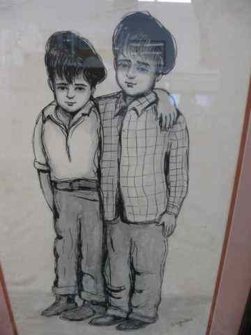 Appraisal: Art Buchwald Judaica Pen Ink of Two Boys image area