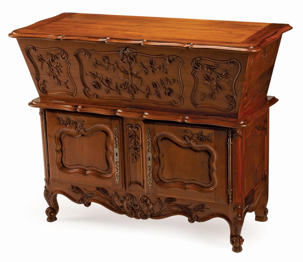 Appraisal: Provincial-Style Walnut Dough Box on Cabinet molded shaped top fall