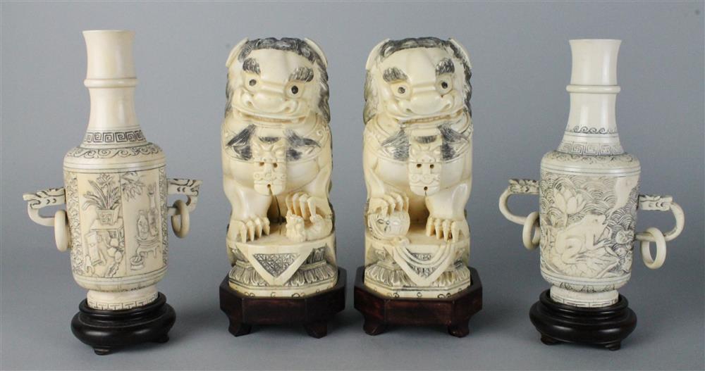 Appraisal: GROUP OF CHINESE IVORIES including pair of Buddhistic lions --