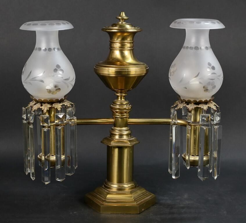 Appraisal: Brass double arm kerosene lamp with etched glass shades Electrified