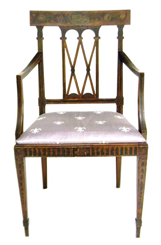 Appraisal: Edwardian armchair with painted decoration throughout c central vignette of