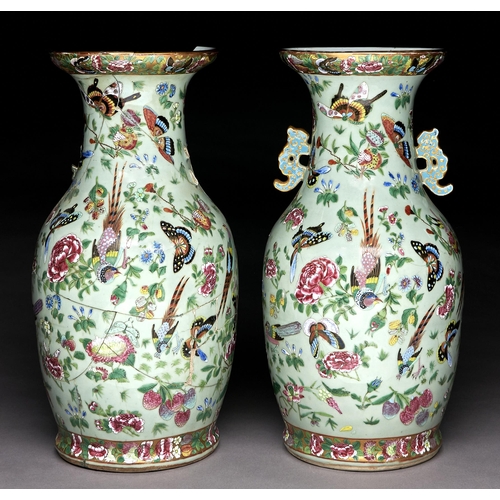 Appraisal: A pair of Chinese Canton famille rose celadon ground vases