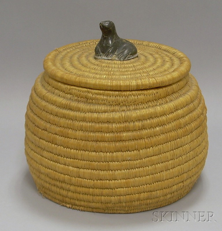 Appraisal: Coiled Basket and Cover with Carved Soapstone Seal Finial ht