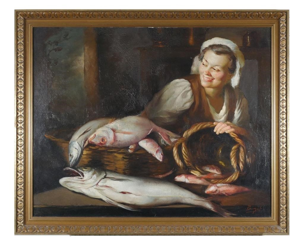 Appraisal: Oil on canvas painting of a woman with fish by