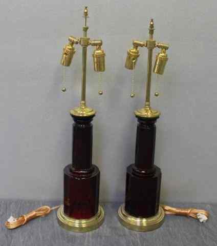 Appraisal: Pair of Ruby Red Glass Lamps with Gilt Metal TrimFrom