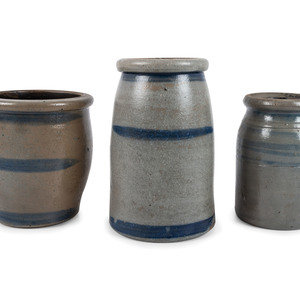 Appraisal: Three Western Pennsylvania Cobalt-Striped Stoneware Canning Jars th Century Height