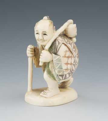 Appraisal: A Carved Ivory Netsuke of a Traveler The smiling carved