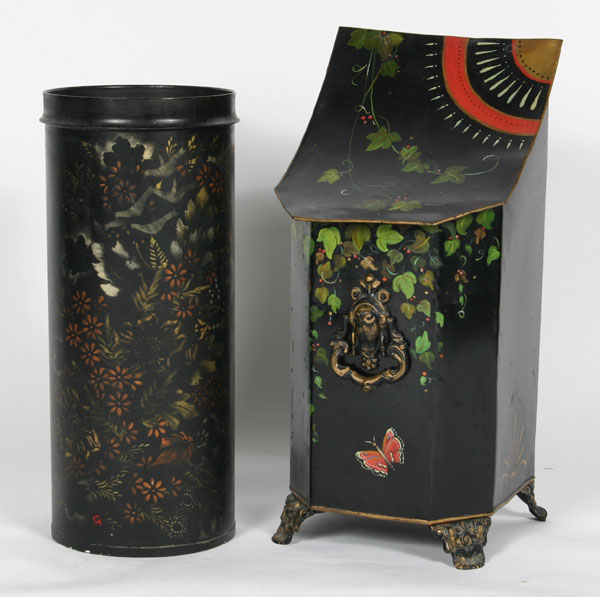 Appraisal: Metal coal hod slant top geometric and floral tole paint