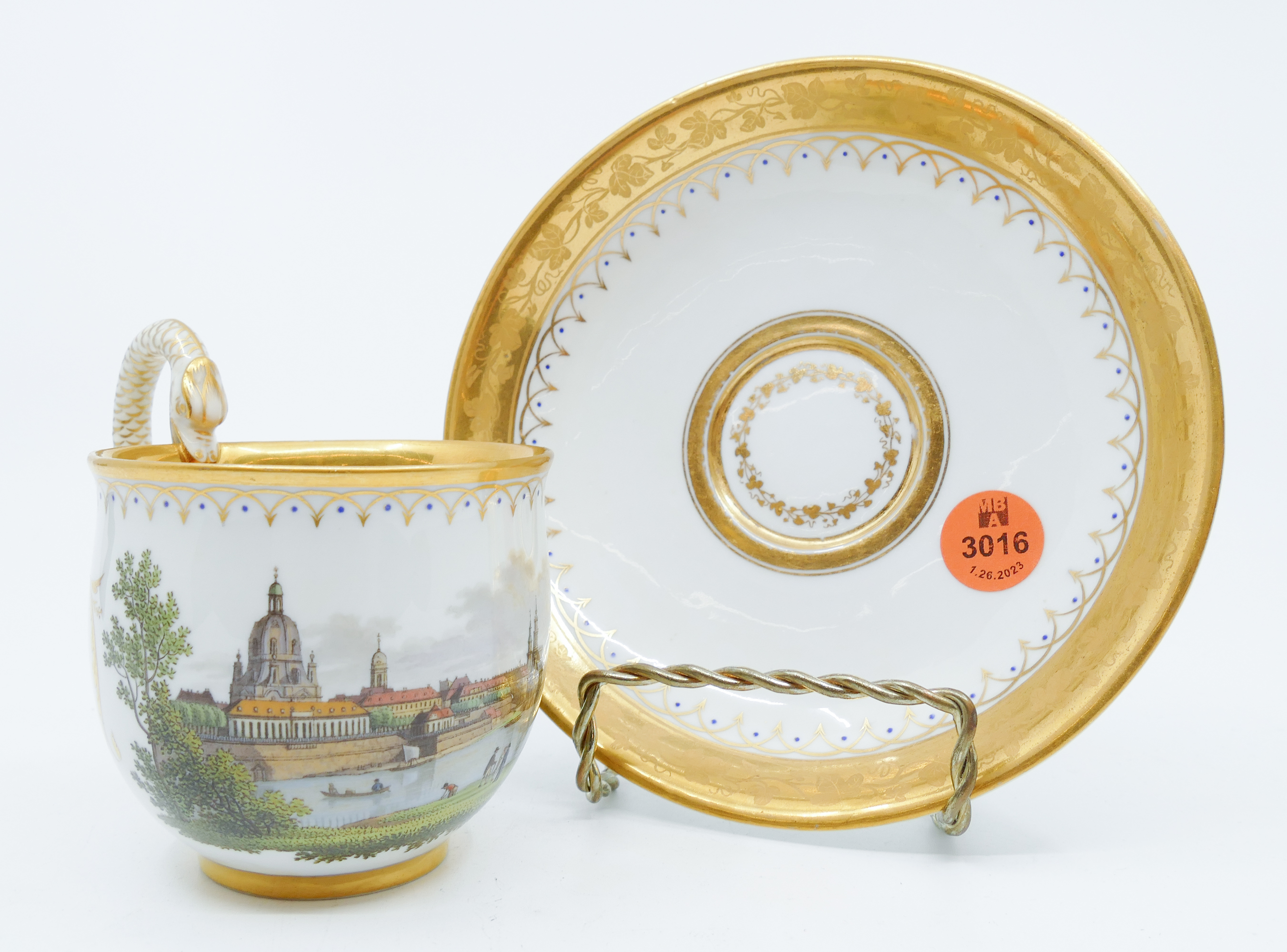 Appraisal: Meissen 'View of Dresden' Pictorial Cup Saucer Gilt interior and