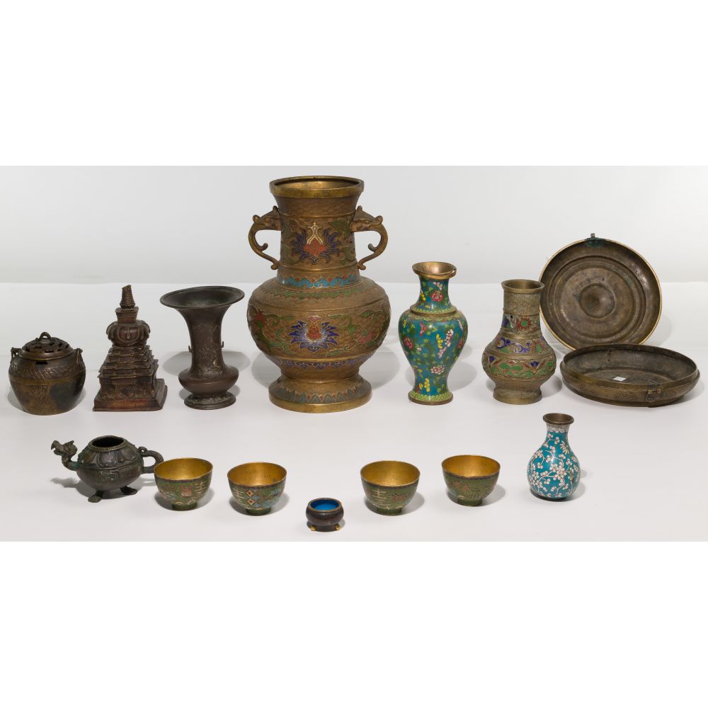 Appraisal: CHINESE METALWARE ASSORTMENT champleve cloisonne and bronze items including a