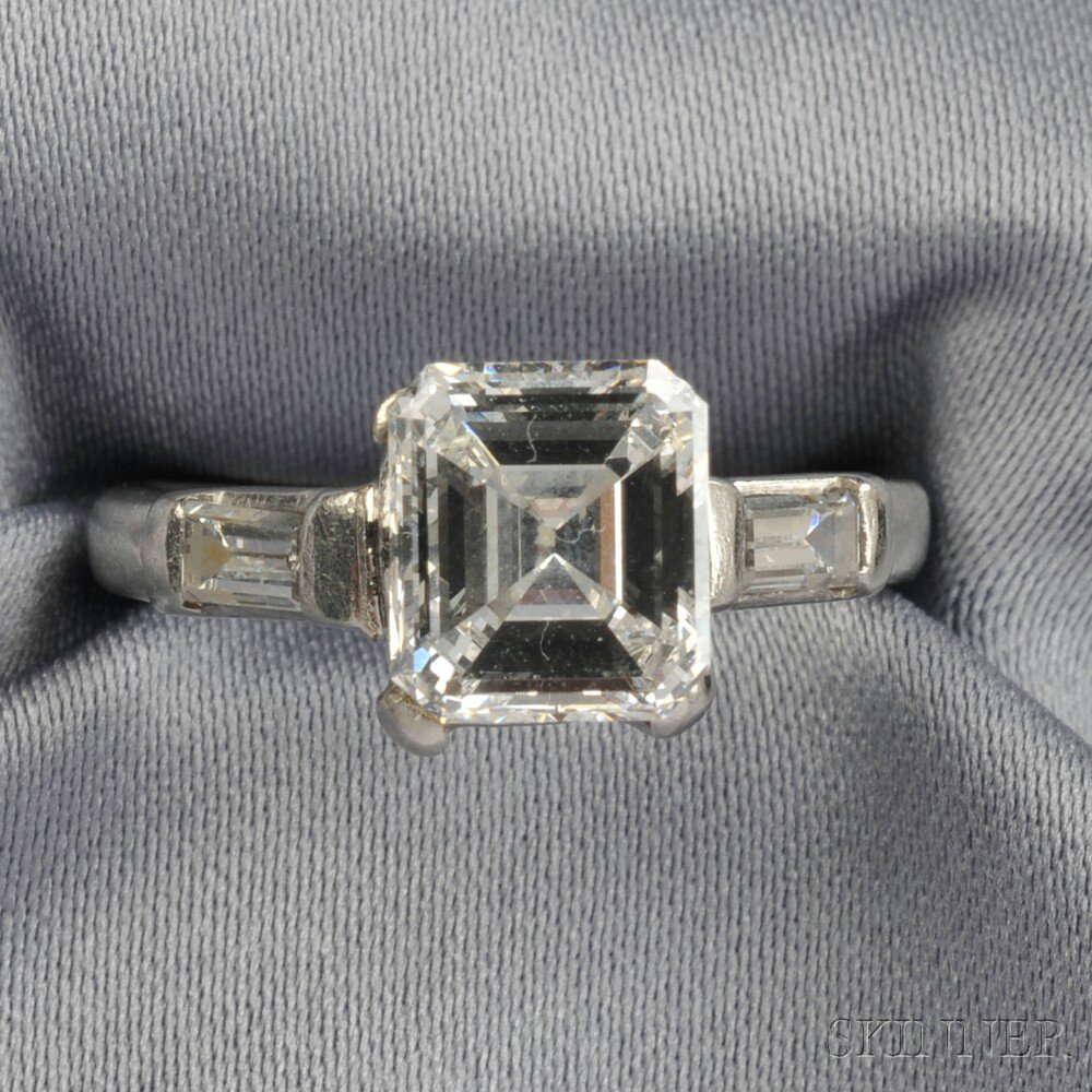 Appraisal: Platinum and Diamond Solitaire prong-set with an emerald-cut diamond weighing