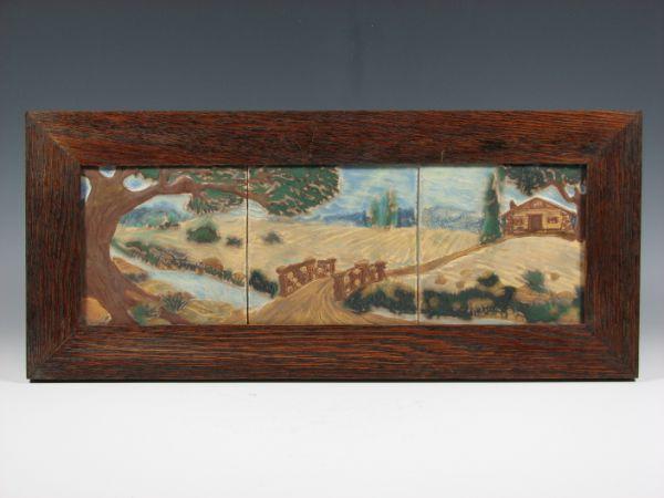 Appraisal: Three-tile scene by JMJ a cottage near a stream in