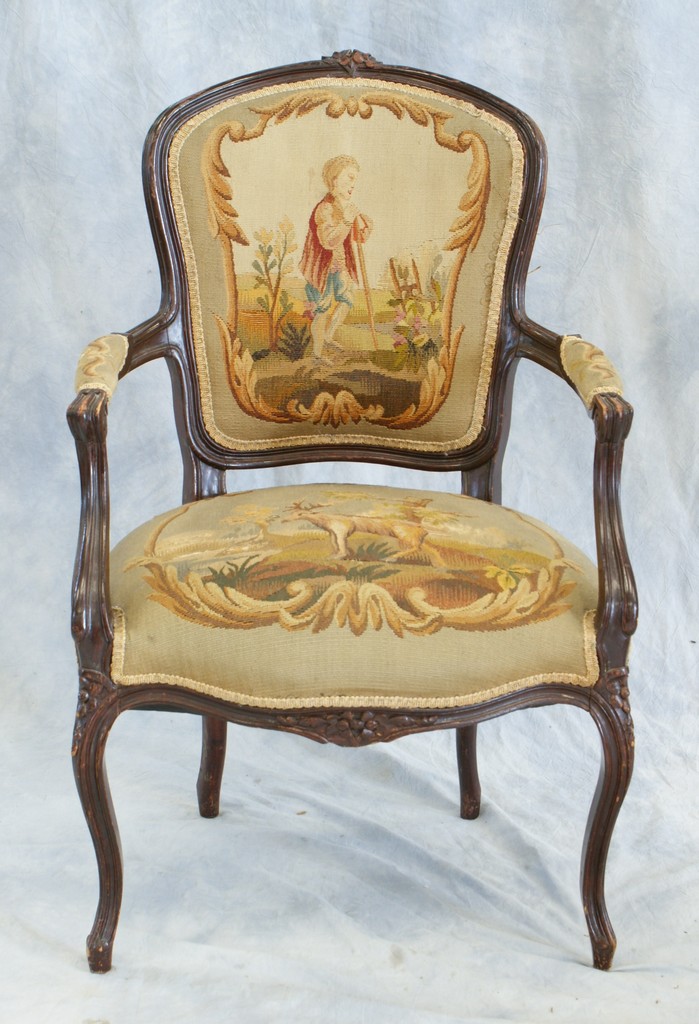 Appraisal: Louis XV style open armchair with scenic needlepoint back and