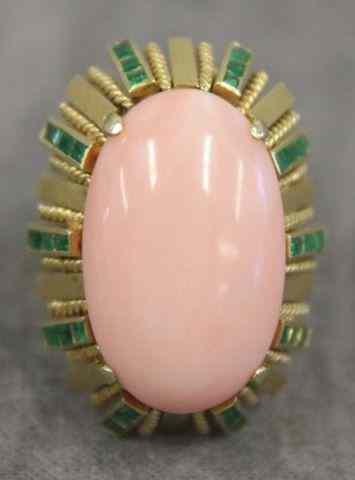 Appraisal: Coral Cabochon Emerald and kt Gold Ring Central coral cabochon