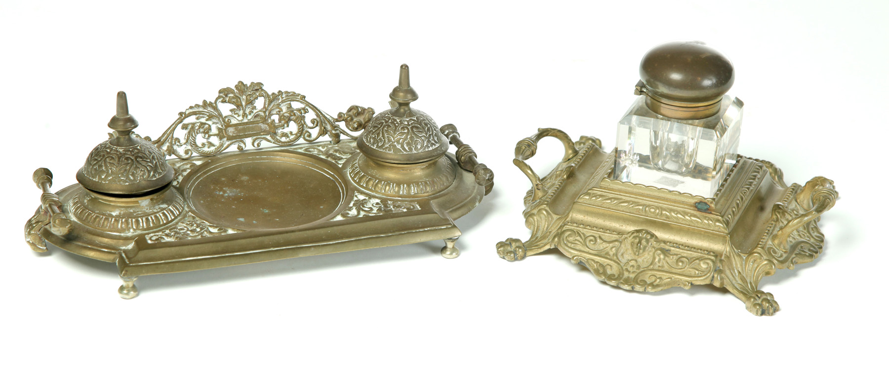 Appraisal: TWO CAST BRASS INKSTANDS Circa Nicely detailed with quill rests