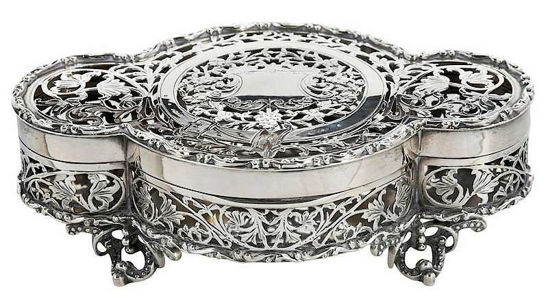 Appraisal: English Silver Pieced Box Chester cartouche form pierced scroll and