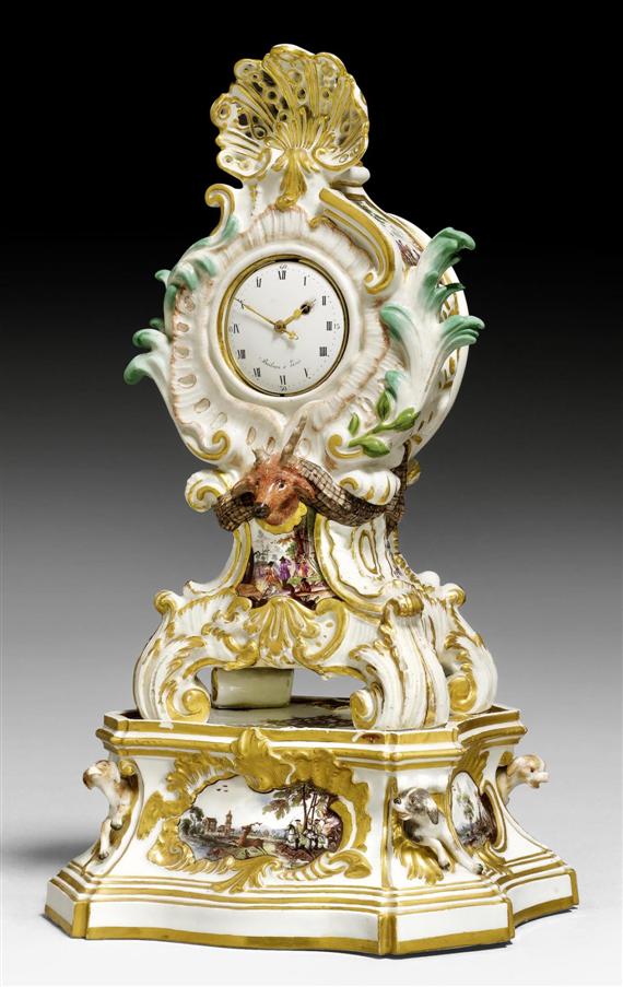 Appraisal: HUNTING CLOCK WITH PLINTH MEISSEN CIRCA Underglaze blue sword marks