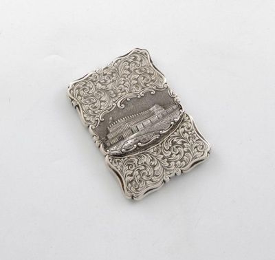 Appraisal: A Victorian silver 'castle top' card case with a landscape