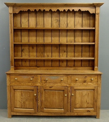 Appraisal: - Large two-part pine Dutch cupboard the upper open shelved