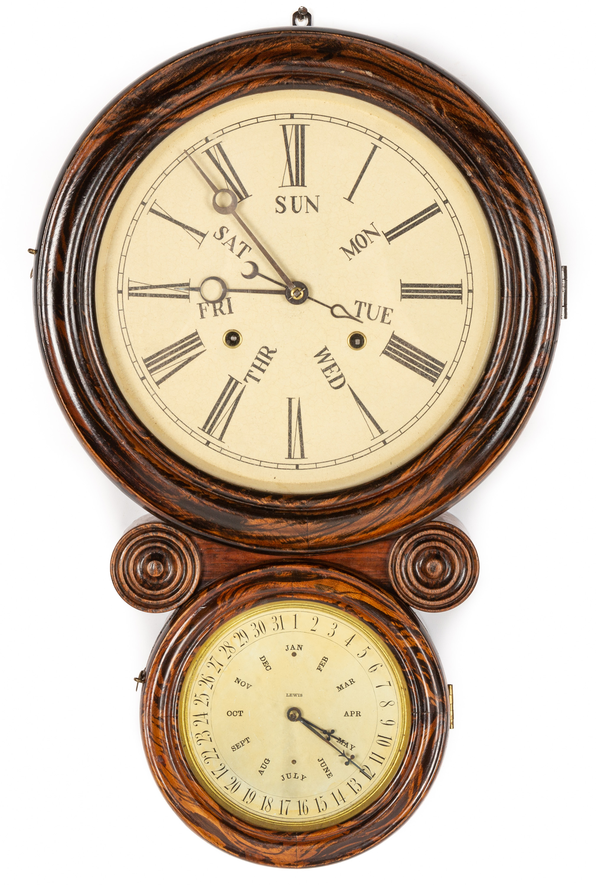 Appraisal: B B LEWIS PERPETUAL CALENDAR WALL CLOCK Rosewood and grain