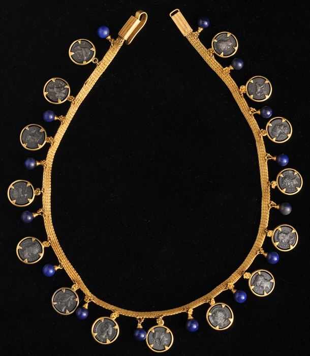 Appraisal: ETRUSCAN-STYLE NECKLACE WITH COIN AND LAPIS DROPS Unmarked approx in