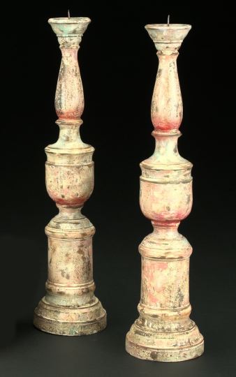 Appraisal: Pair of Italian Provincial Turned and White-Painted Wooden Pricket Candlesticks