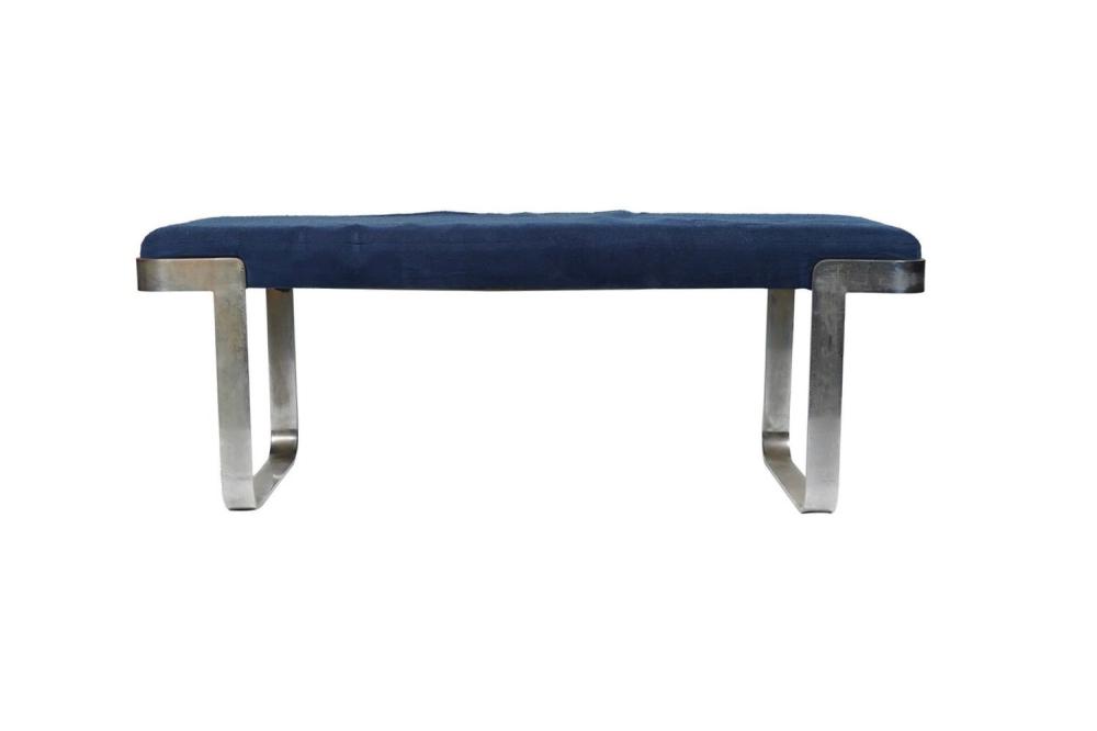 Appraisal: CONTEMPORARY CHROME BENCHwith blue upholstery Condition wear and oxidation to