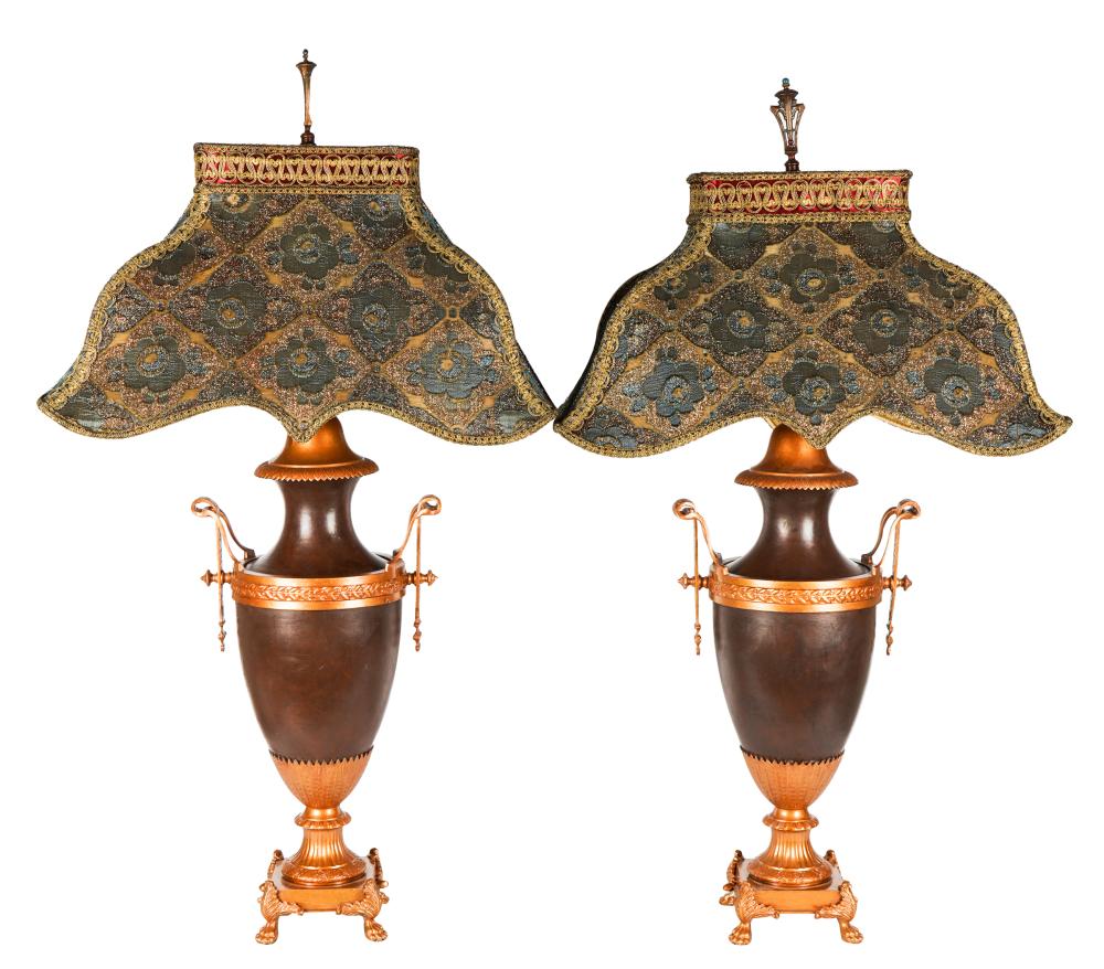 Appraisal: PAIR OF EMPIRE-STYLE PAINTED METAL TABLE LAMPSmodern unsigned with fabric