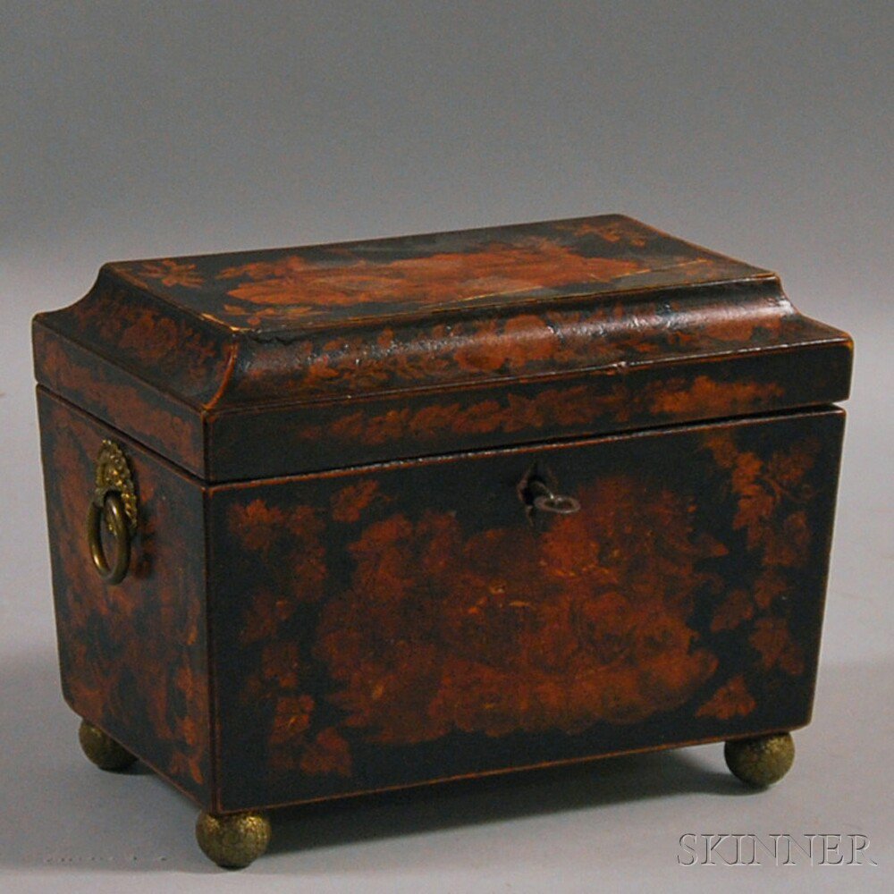 Appraisal: Lacquered Casket-form Tea Caddy th century with classical motifs throughout